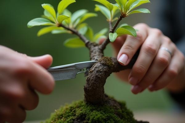 Close-up of a master artisan's hands carefully pruning a bonsai tree with specialized tools.