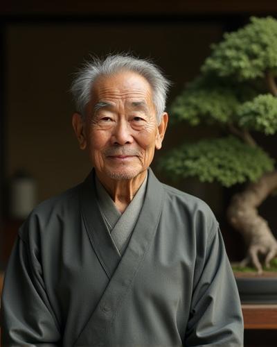 Portrait of Kenji Tanaka, Founder and Master Artisan of Sazanami Bonsai, with a serene expression.