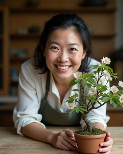 Portrait of Akiko Sato, Lead Instructor, smiling warmly beside a small bonsai tree.