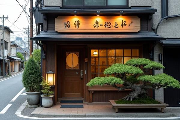 Exterior view of Sazanami Bonsai shop in Nakano City, a traditional Japanese storefront with subtle branding.