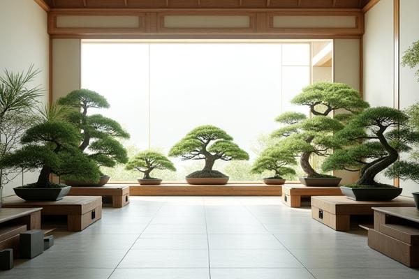 Main display area of Sazanami Bonsai studio, tastefully arranged with diverse bonsai trees.