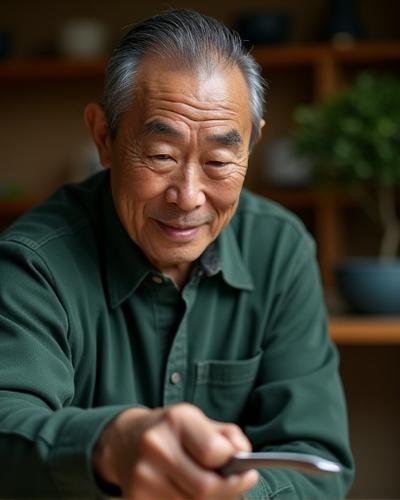 Portrait of Hiroshi Suzuki, Studio Manager and Curator, holding a finely crafted bonsai tool.