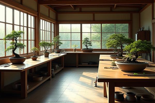 Workshop area with clean workstations, various bonsai tools, and students engaged in learning.