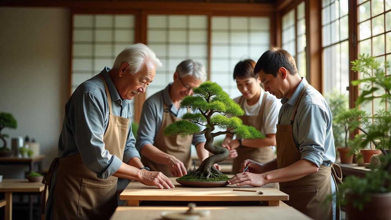 Full team of Sazanami Bonsai working together in a bright, organized studio, collaborating on a bonsai project.
