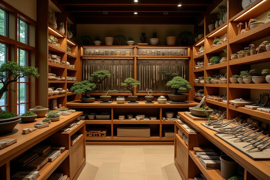 A well-organized retail section displaying a wide array of high-quality bonsai tools and accessories.