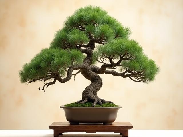 An artfully styled advanced bonsai tree, possibly brought by a student, demonstrating delicate wiring and branch structure.