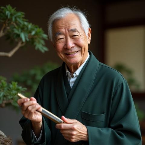 A portrait of Master Tanaka, a skilled bonsai artist, meticulously at work.