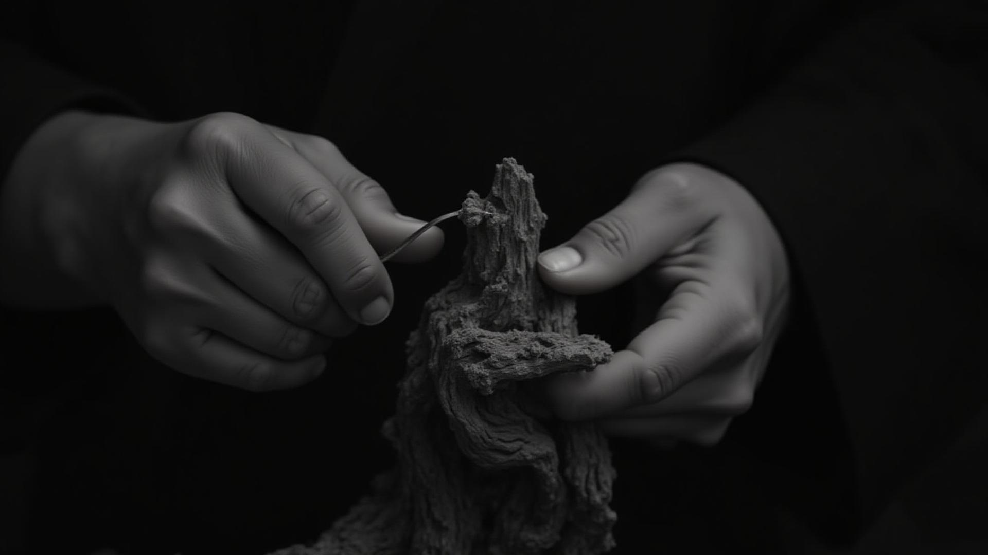 Master hands carefully carving deadwood on an old bonsai