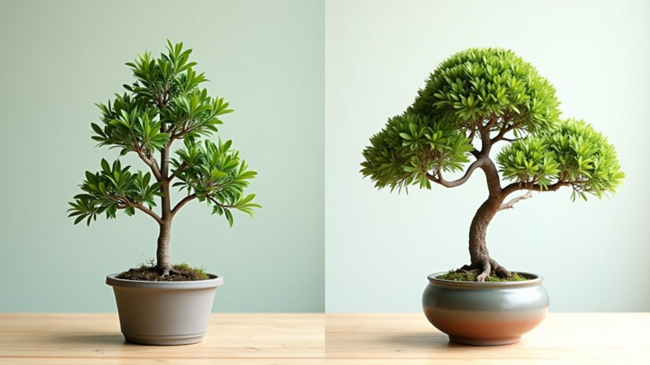 A side-by-side comparison of a pre-bonsai tree (before) and a beautifully styled bonsai tree (after) created during a workshop, showcasing the transformative process.