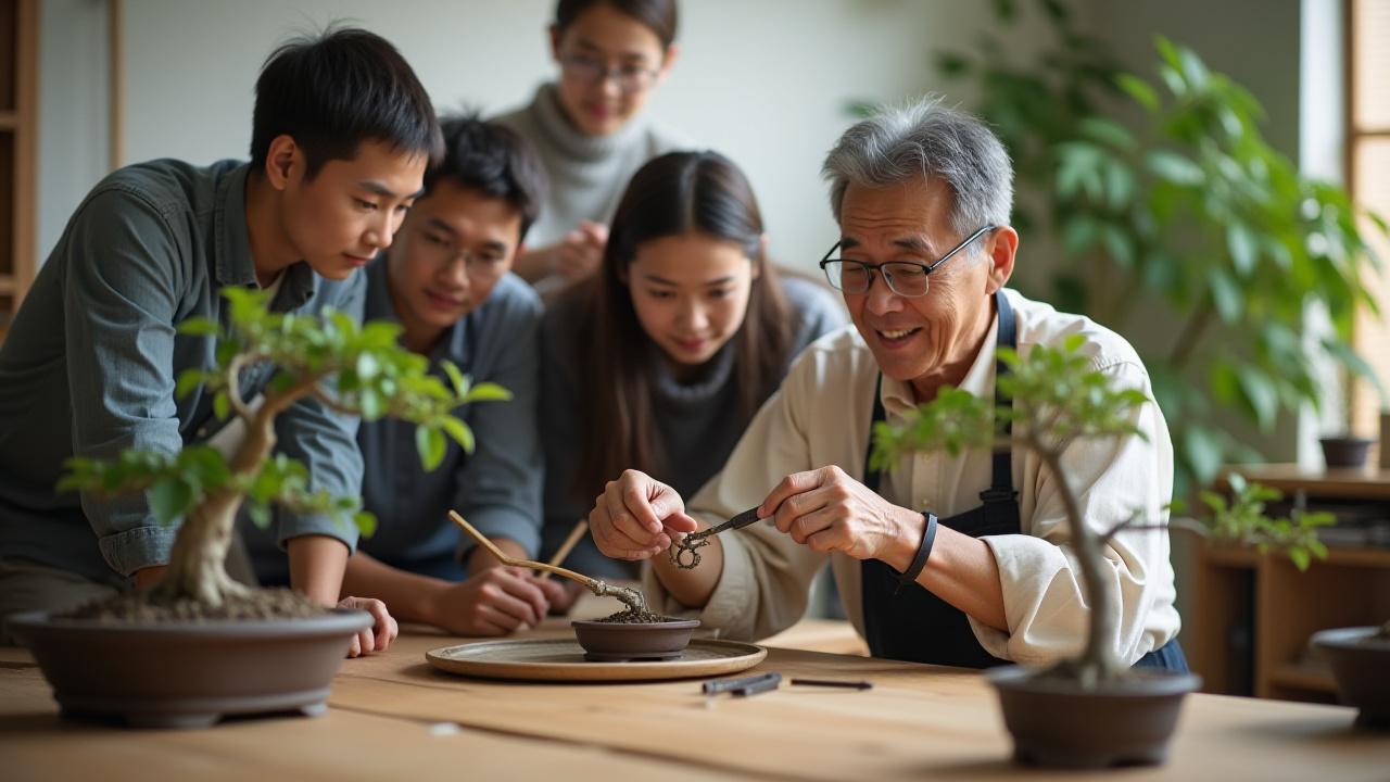 An instructor demonstrating a wiring technique to a small, attentive group of students in a bright, modern workshop.