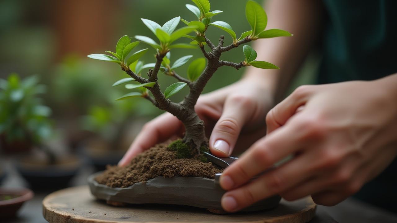 A close-up of a student's hands carefully pruning a small bonsai tree, focused and engaged.