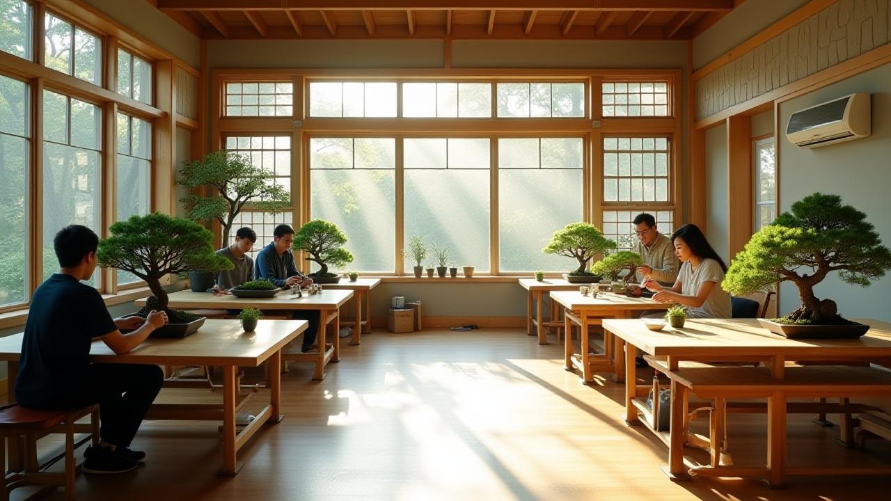 A wide shot of the Sazanami Bonsai workshop space, showing a clean, well-lit environment with several students working quietly on their trees, evoking a calm and creative atmosphere.