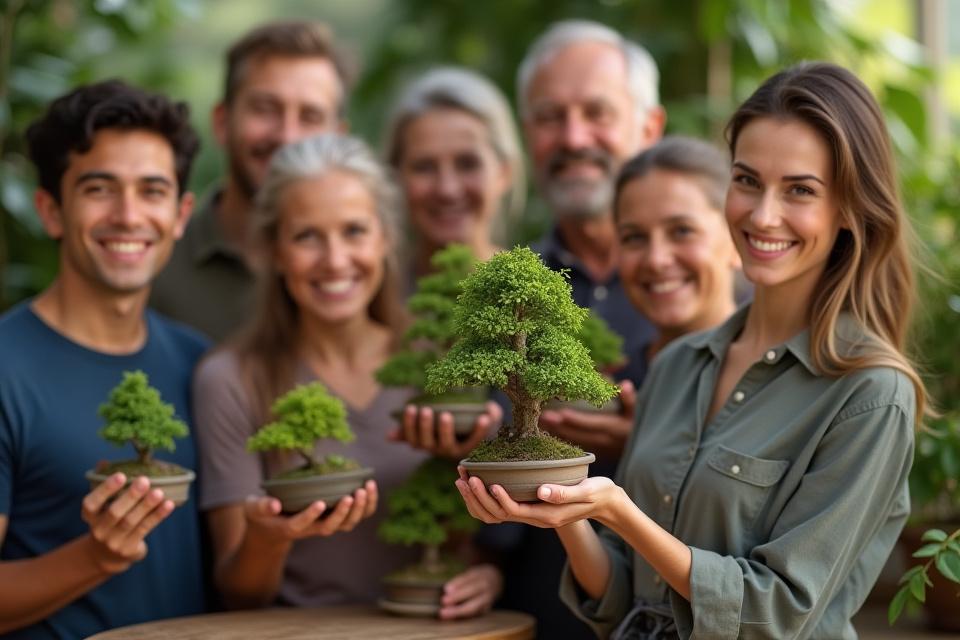Smiling students proudly holding their newly created bonsai trees in a workshop setting