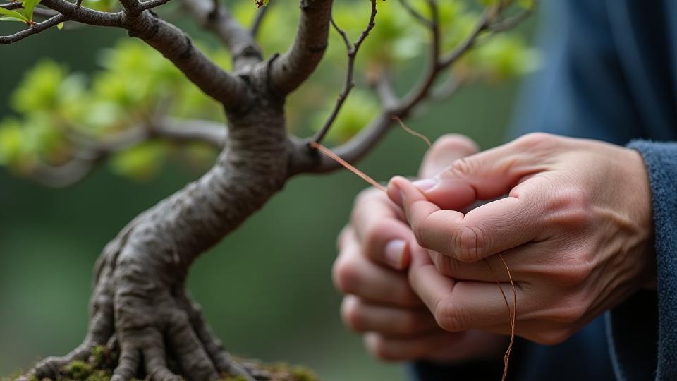 A master bonsai artist meticulously wiring a complex, mature bonsai tree, demonstrating advanced styling techniques.