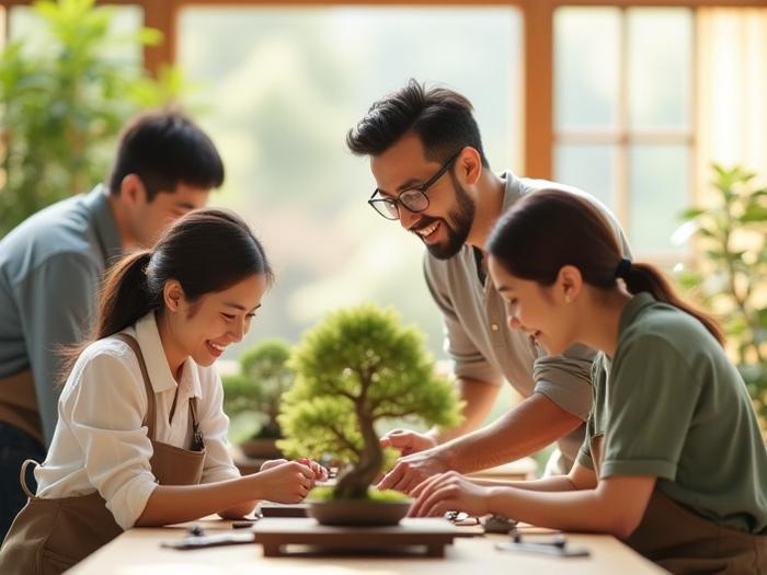 Team of professionals happily engaged in a private bonsai workshop, smiling and focused as they learn to style trees.