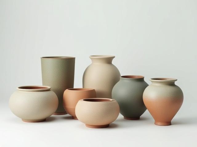 様々な形、色、釉薬の多様な盆栽鉢のコレクション