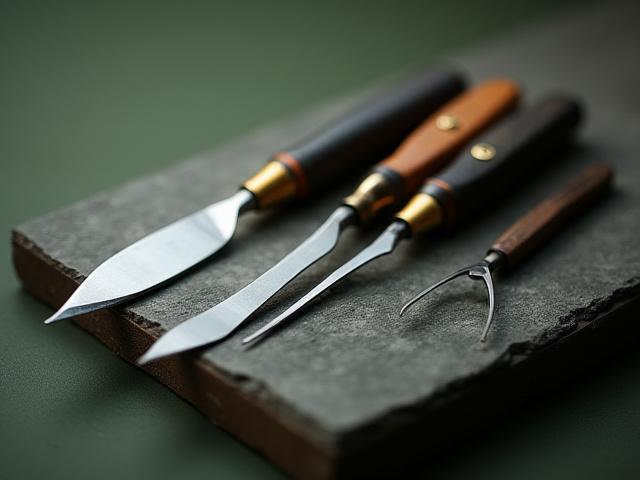 多様なサイズの鋭い刃を持つ盆栽用鋏と凹型カッター