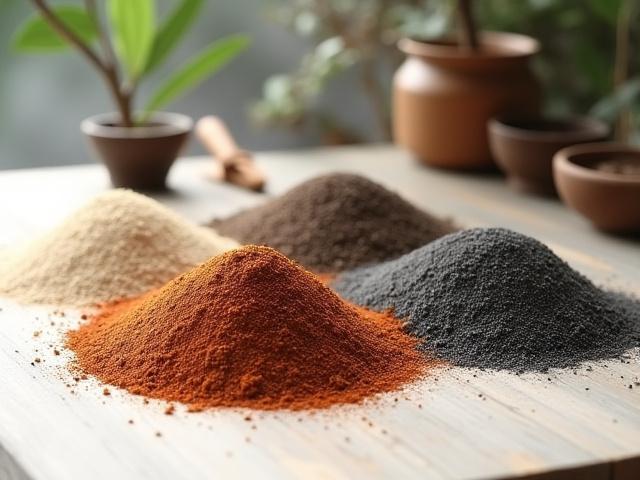 赤玉土、軽石、桐生砂などの盆栽用土の異なる袋と混ぜられたサンプル