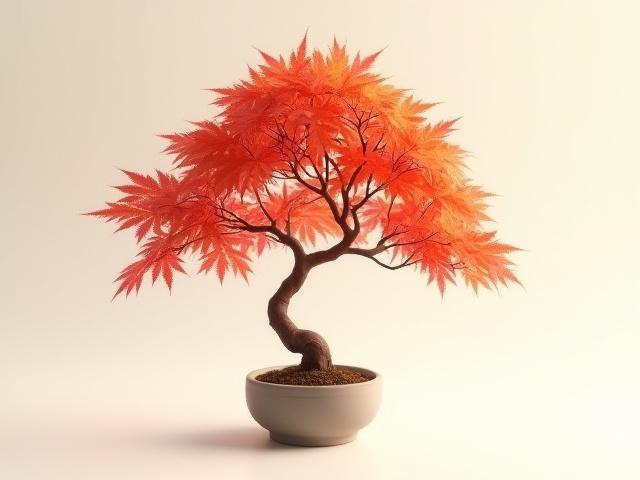 優雅な枝ぶりが特徴の、赤く色づくもみじの盆栽