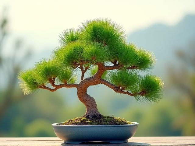 力強い幹と緑の葉が印象的な赤松の盆栽