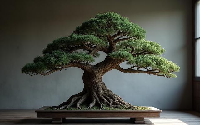 特別な展示台に飾られた、歴史を感じさせる珍しい盆栽