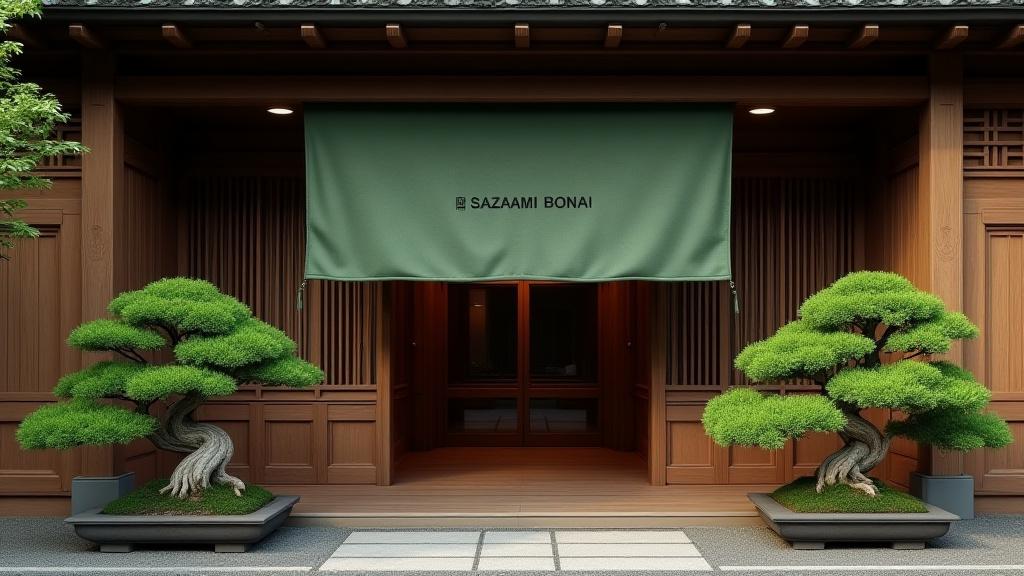 Sazanami Bonsai studio exterior, featuring a traditional noren curtain with the logo and potted bonsai outside.