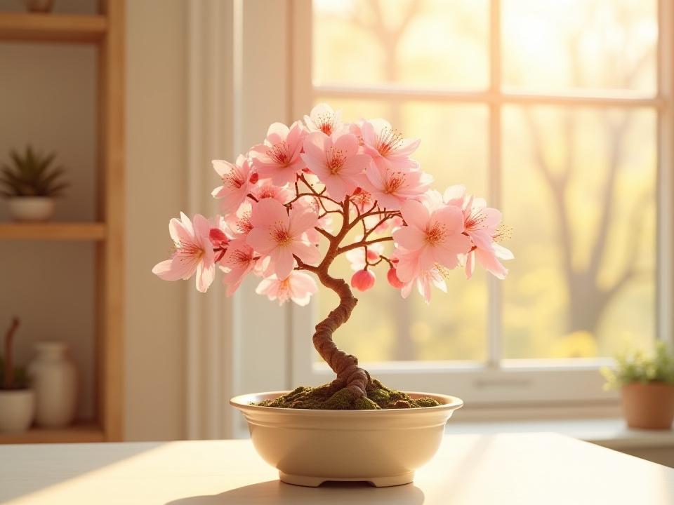 Vibrant flowering quince bonsai bathed in morning light, evoking a sense of fresh beginnings.