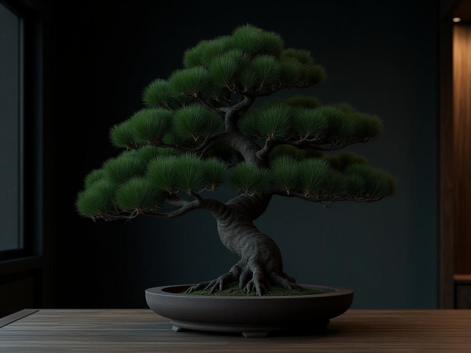 Rugged pine bonsai in a subtly lit, sophisticated room, creating a serene and reflective atmosphere.