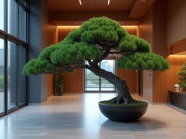 A large, ancient pine bonsai dominating a modern corporate lobby, bathed in soft, ambient light, conveying gravitas and tranquility.