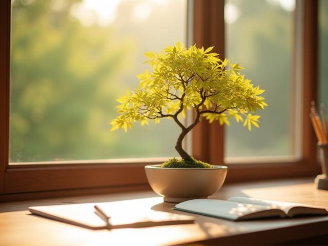 A delicate, vibrant Japanese maple bonsai placed on a minimalist desk next to a sunlit window in a home study, inspiring creativity.