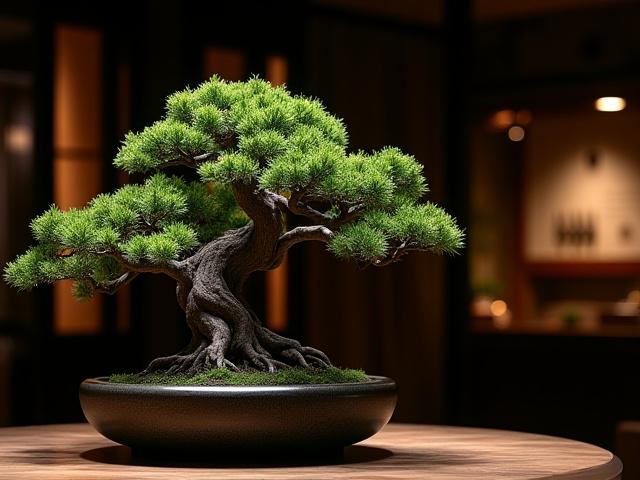A dramatic, artistically styled bonsai adding sophistication to the entrance of a high-end restaurant, subtly lit.