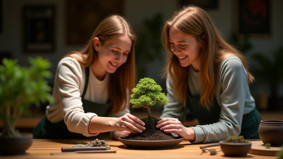 盆栽ワークショップで笑顔で交流する二人