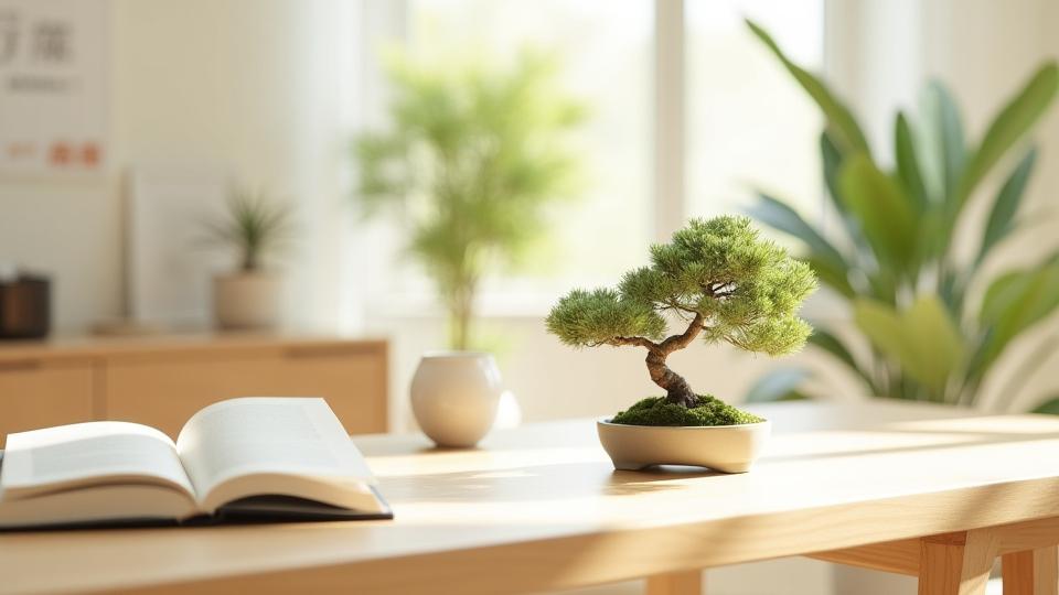 モダンな書斎のデスクに置かれた繊細な小品盆栽