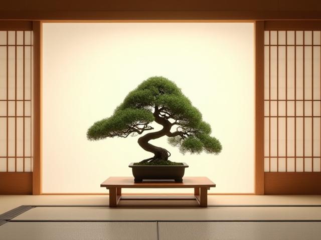 日本の茶室に飾られた精巧な盆栽