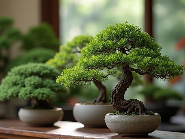 手入れされた日本の盆栽が販売されている様子