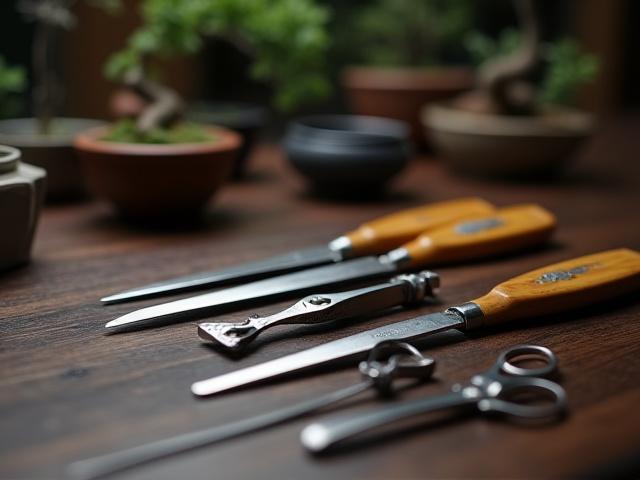 棚に並べられた高品質な日本の盆栽用具