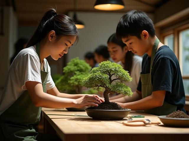 盆栽ワークショップで先生が生徒に指導している様子