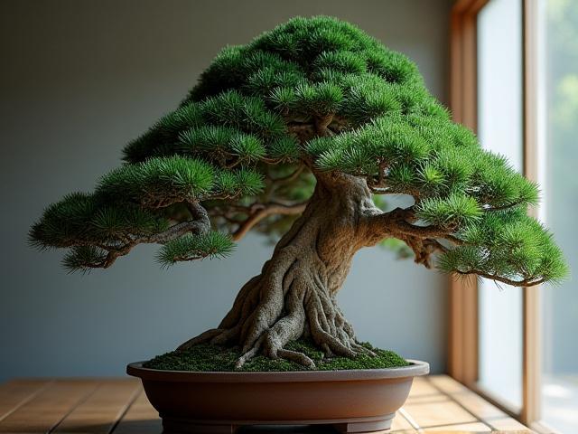 Detailed photo of a 120-year-old Ezo Spruce bonsai, showing rugged bark and mature foliage.