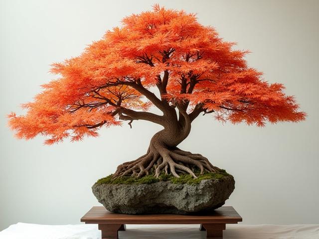 Rare Root-Over-Rock Trident Maple bonsai, displaying impressive root development gripping a textured rock.