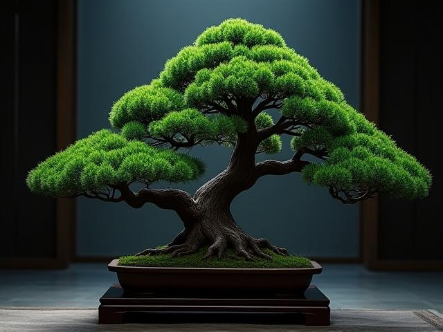 Dramatic White Pine bonsai with powerful trunk and lush, refined foliage.