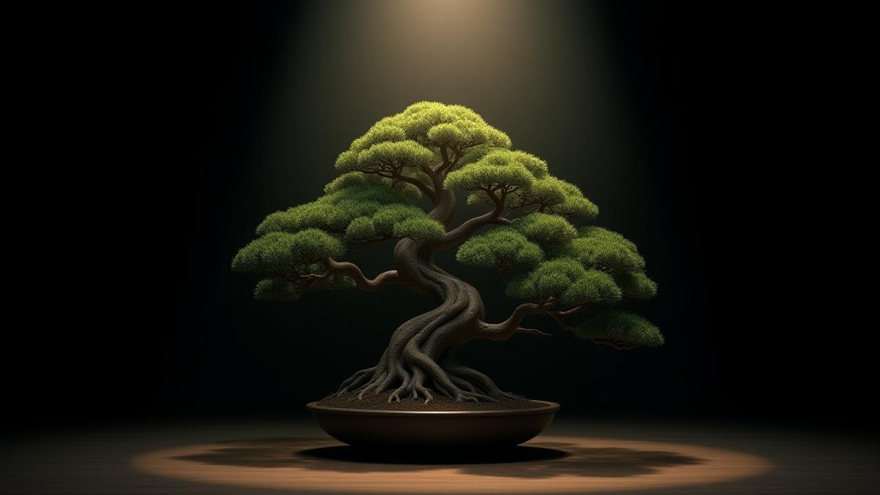 Ancient, magnificent bonsai tree under a single spotlight, emphasizing its aged bark and intricate branches.